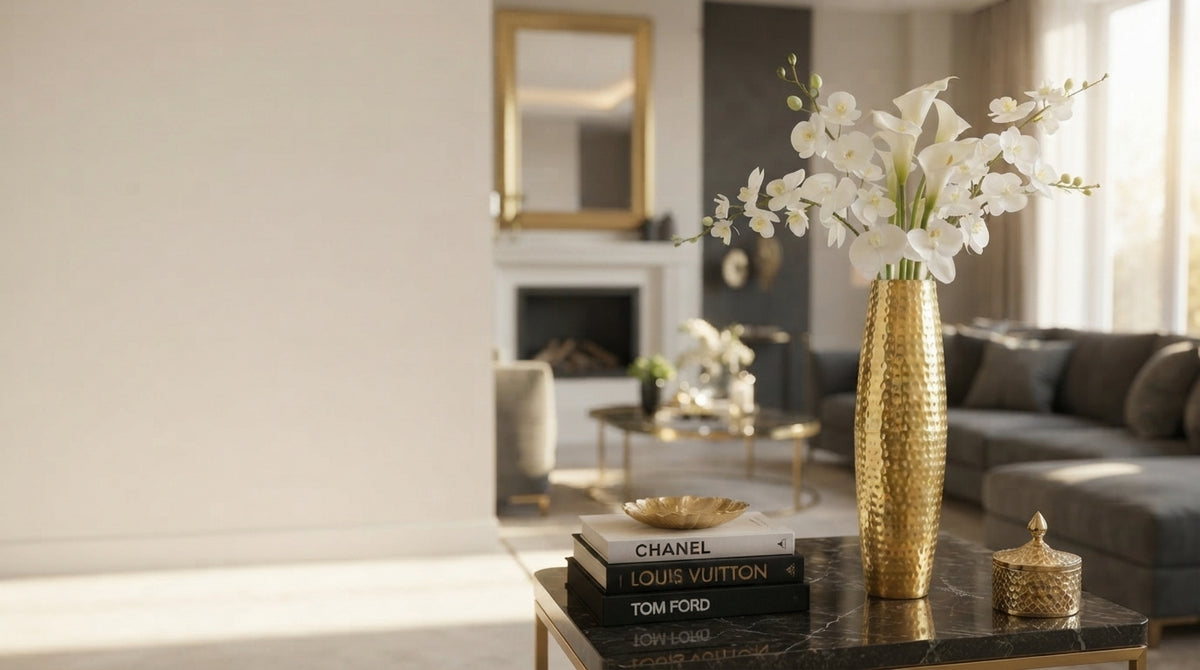 A tall hammered metal vase with dried flowers sits in a minimalist sunlit room, leaving open space for text.