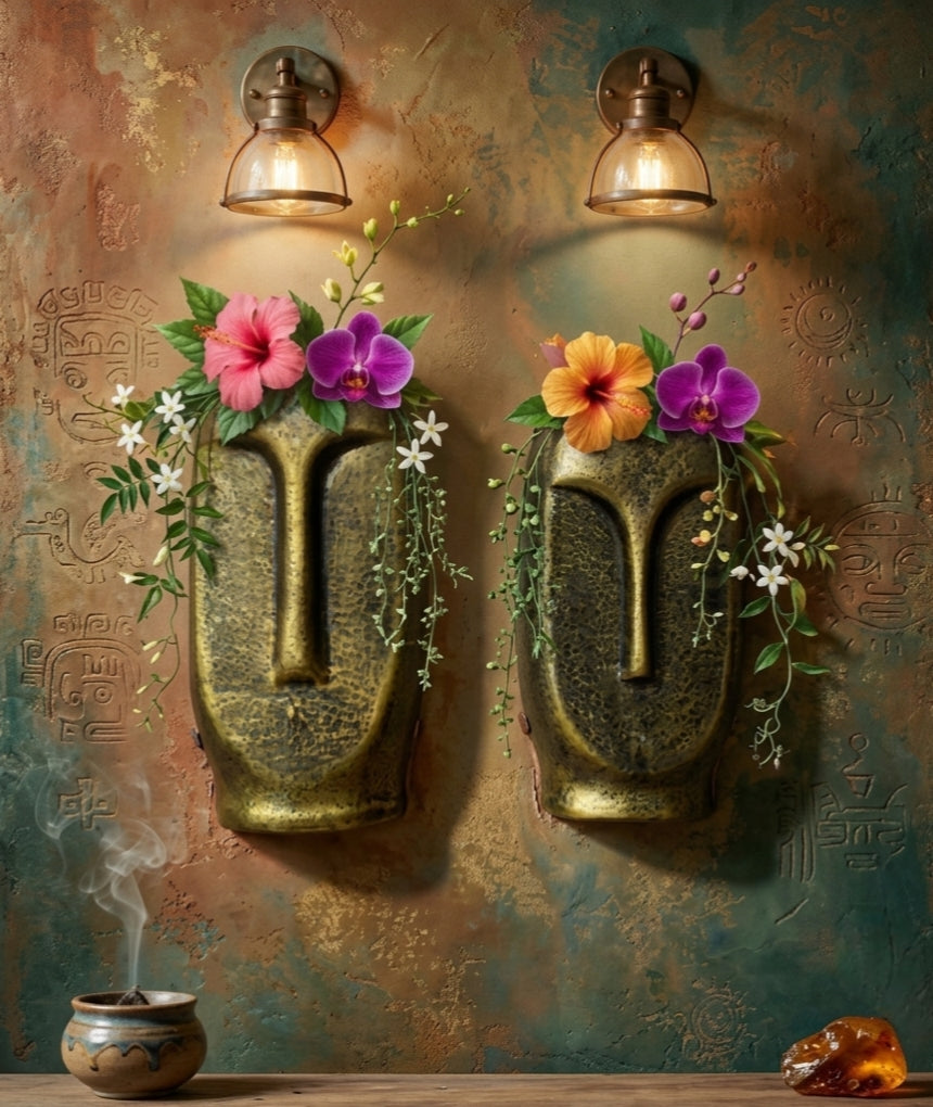 Premium Golden Textured Face Wall Vases Set For Housewarming Gift