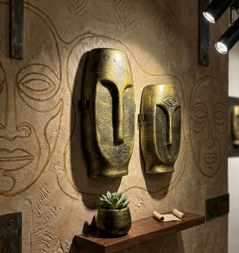 Premium Golden Textured Face Wall Vases Set For Housewarming Gift
