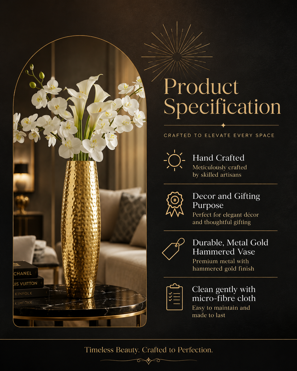 Modern Hammered Metal Flower Vase - 46 cm Accent Piece for Home Décor